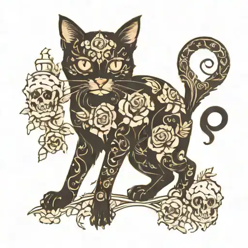 Silhouette Of A Cat With Skulls And Flowers
