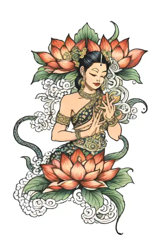 Thai Kinnaree Holding Lotus Flowers Blooming