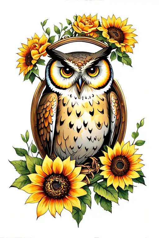 Owl With Roses And Sunflowers On A Mirror