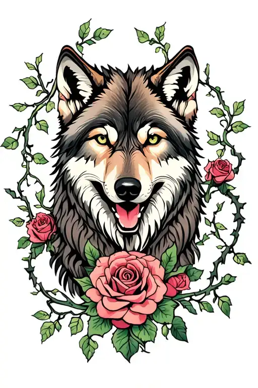 Wolf With Roses And Vines Growing