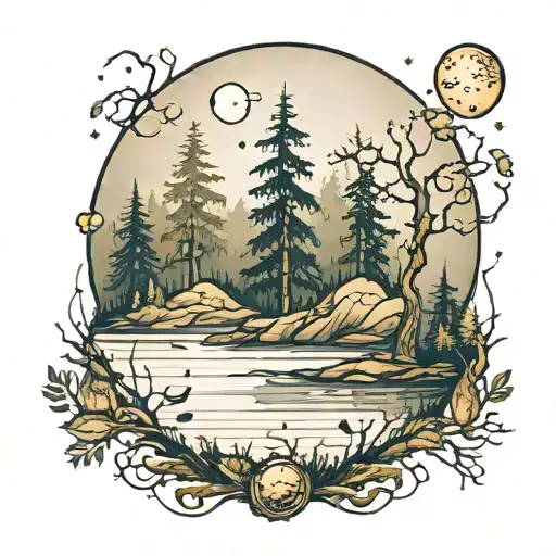 Foggy Forrest With Lake An Small Islands N Moon