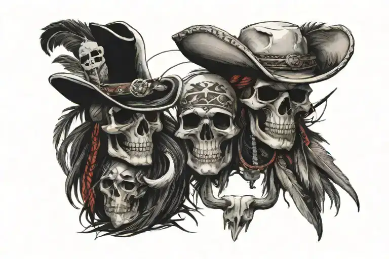 Cowboy Skull And Pirate Skull And Native American Skull Together