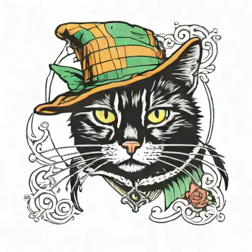 Sitting Black Cat With Orange Eyes And A White And Green Striped Hat