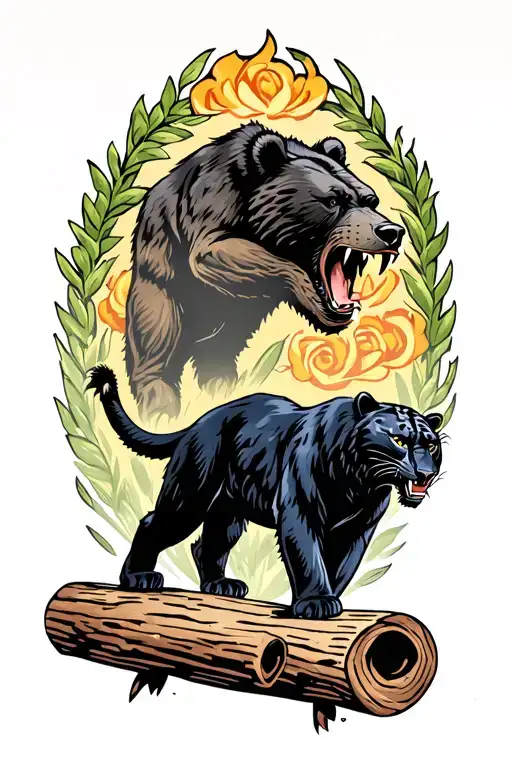 Bear Roaring With A Black Panther Walking On Log