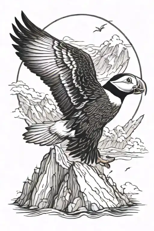 Puffin Soaring Over A Mountain In Black And White Drawing
