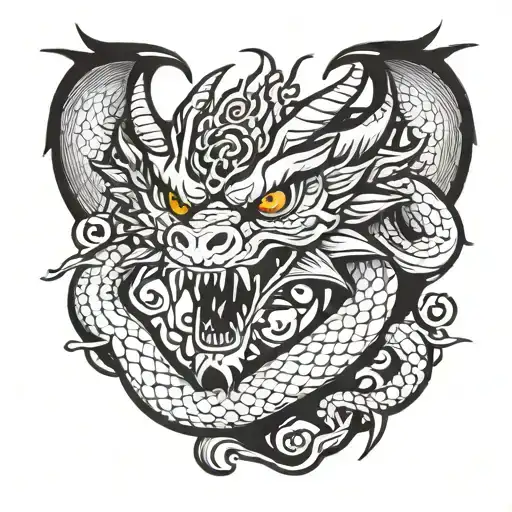 Shoulder And Chest Tattoo Dragon Head On Chest With Tail Curled Around Shoulder