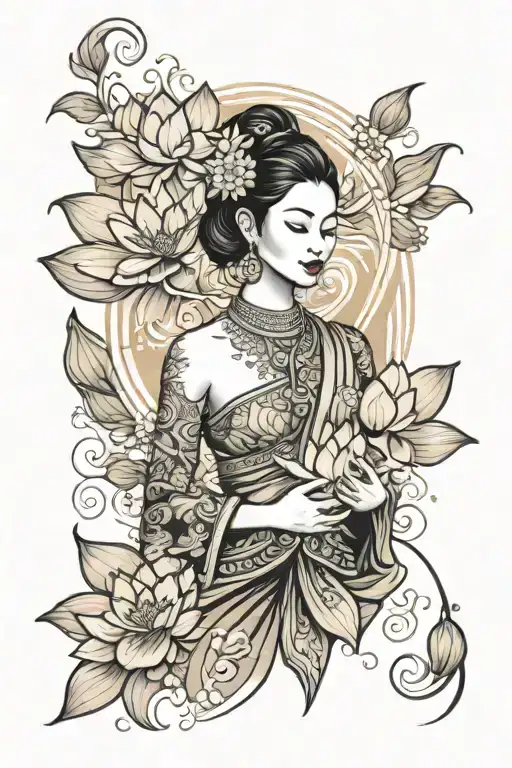 Thai Woman Holding Lotus Flower Traditional Style