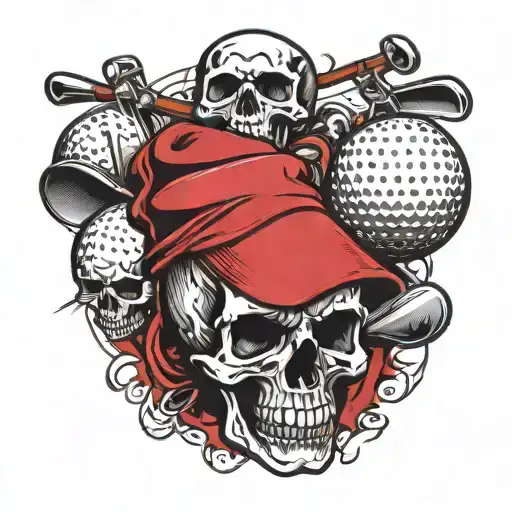 Three Golfballs And A Golfer Skull With Basecap In Front Of Crossing Golfclubs