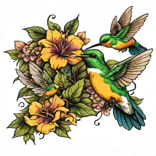 Humming Birds With Flowers Bee Surrounded