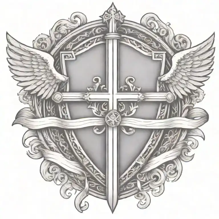 Sword Handles Behind Templar Shield With Wings Behind A Cross With Ribbon