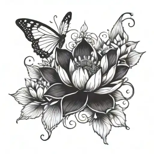 Black Lotus Flower With Butterfly Resting