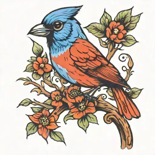 Blue Bird And Cardinal Perched