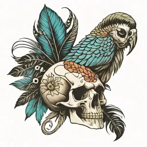 Scarab Parrot Skull And Feathers With A Back