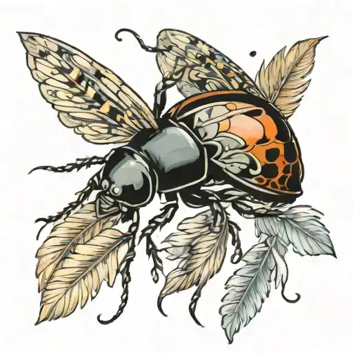 Beetle And Feathers In The Background