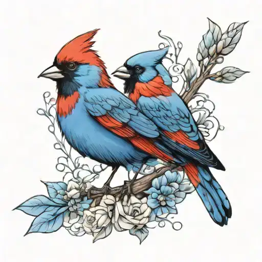 Blue Bird And Cardinal Perched