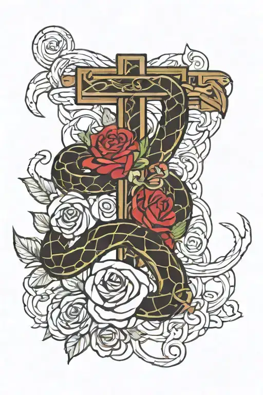 Snake Wrapped Around A Cross With Roses Intertwined