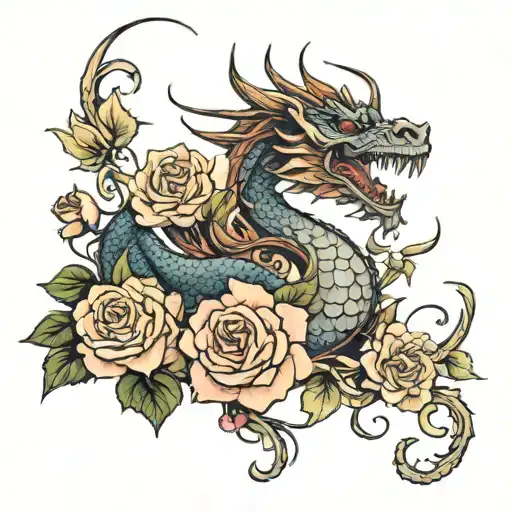 A Dragon With Roses Around It