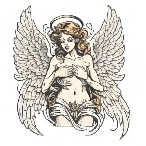 Angel Wings With Open Hands On Stomach And Pelvic Area