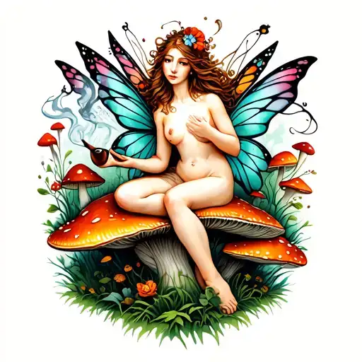 Nude Women Fairy On A Mushroom Forest Smoking A Pipe