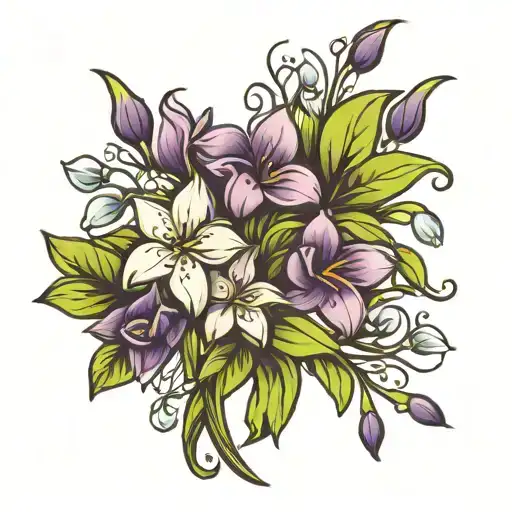 Violet And Snowdrop Flower Bouquet Fine Line