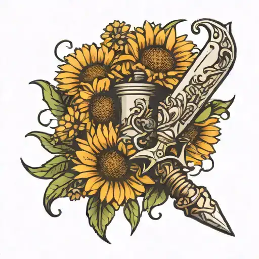 Daisy Flowers And A Dandelion Wrapped Around A Dagger