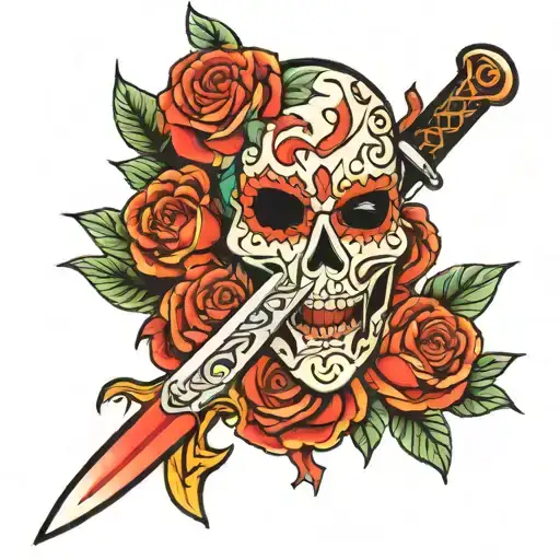 Neo Traditional Dagger And Kitstune Mask Surrounded