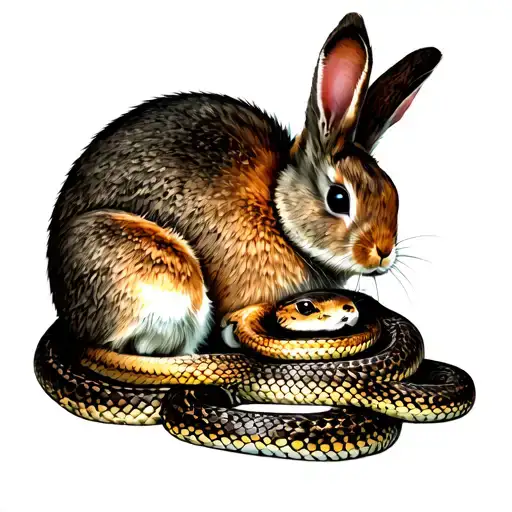 Mother Rabbit Cuddling A Baby Snake And A Baby Rabbit