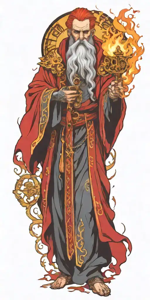 Flaming Bright Wizard With Fiery Hair In A Red Robe With Seven Golden Keys On A Chain