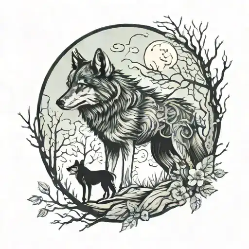 Forest With Wolf And Full Moon