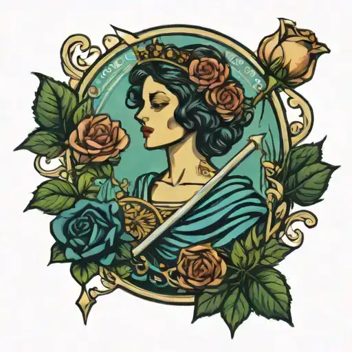 Queen Of Swords Tarot Card With Roses Intertwined