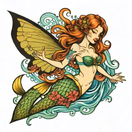 A Fairy Humoring Over The Ocean And A Mermaid Swimming Up Had Reaching For The Fairy