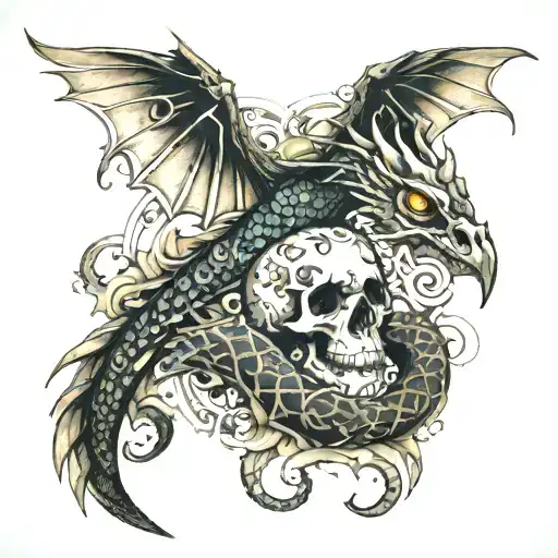 Dragon Seahorse Starfish Surrounded Hawk And Skull