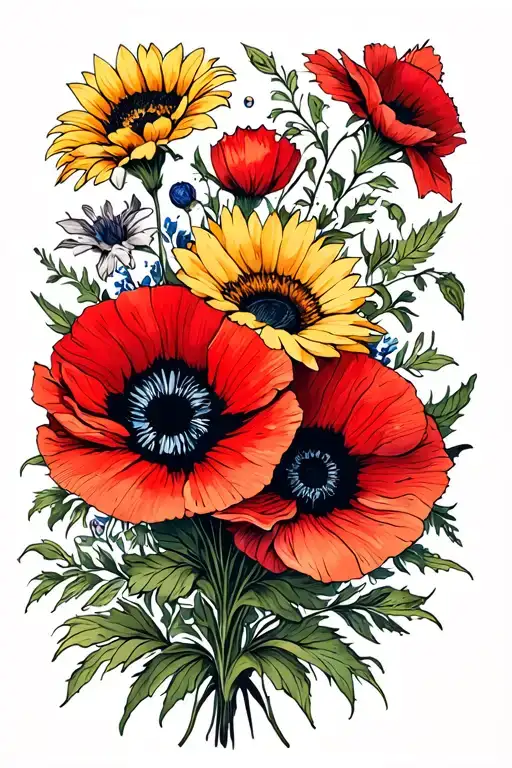 Sunflower Red Poppy And A Columbine Flowe Bouquet Made