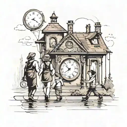 A Family Is Walking Down The Road To A Building And There Is A Clock Behind Them