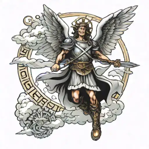 St Michael The Archangel Surrounded By Clouds Flowing Down The Sky Leading Into Roman Numerals