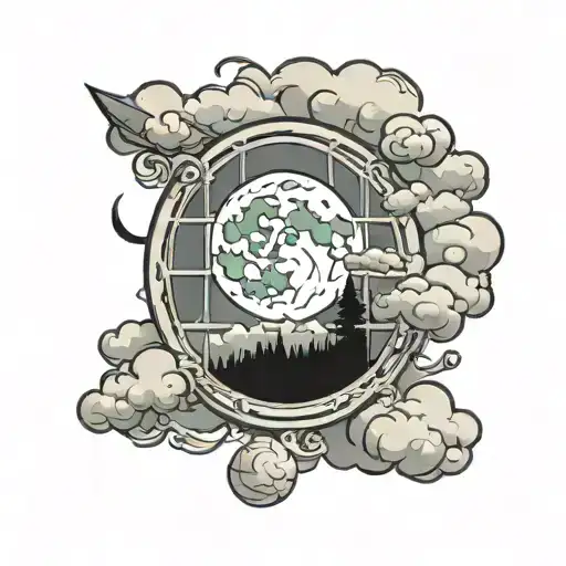 Window With Moon And Fluffy Clouds