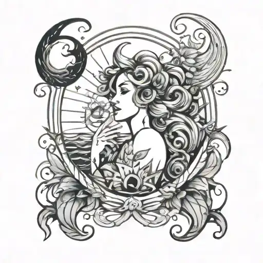 Mother Of Sun And Moon Combined With Mermaid Surrounded