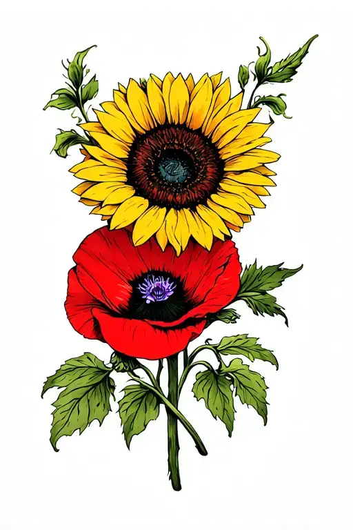 Sunflower Red Poppy And A Columbine Flower