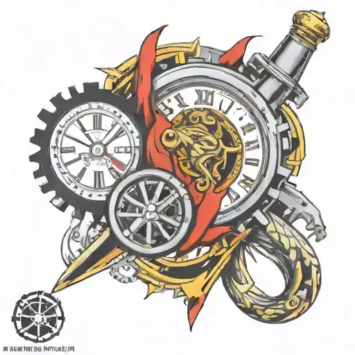 Full Arm Tattoo With Ferrari F40 Racing Flags Behind A Roman Numeral Clock And Gear Stick