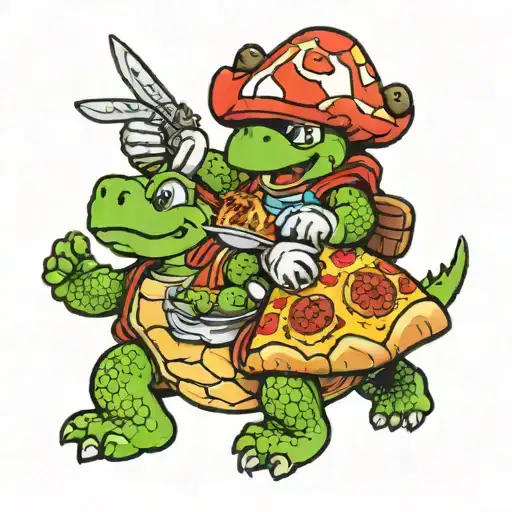 Mario And Turtles Eating Pizza Slice