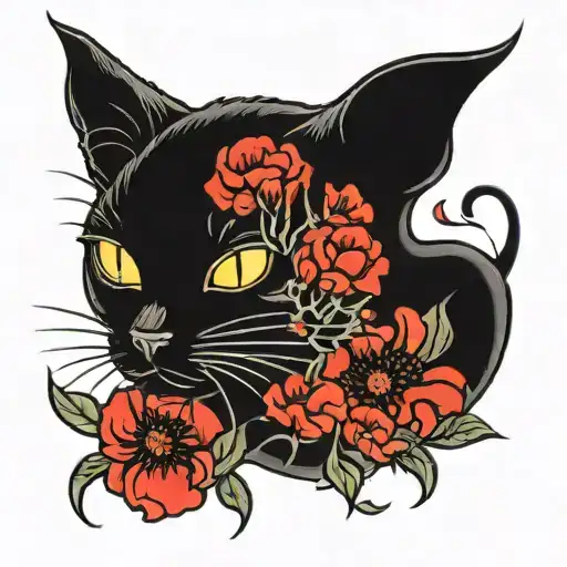 Black Cat With Red Poppy Flowers