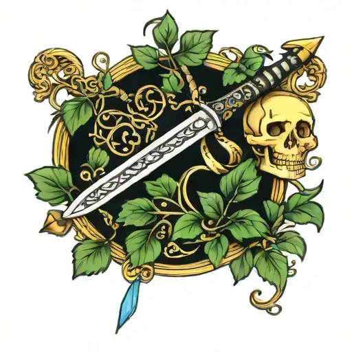 Vines Around A Key And Scroll With A Sword