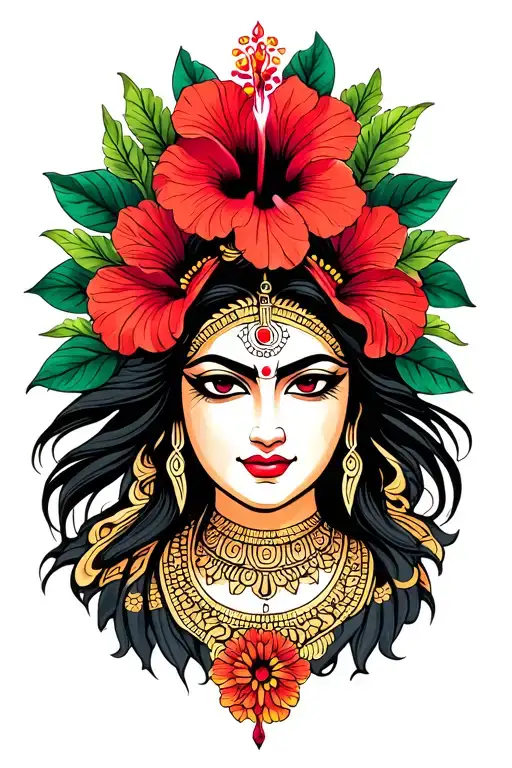 Goddess Kali Symbol Incorporated Representing Spiritual Connection And Red Hibiscus
