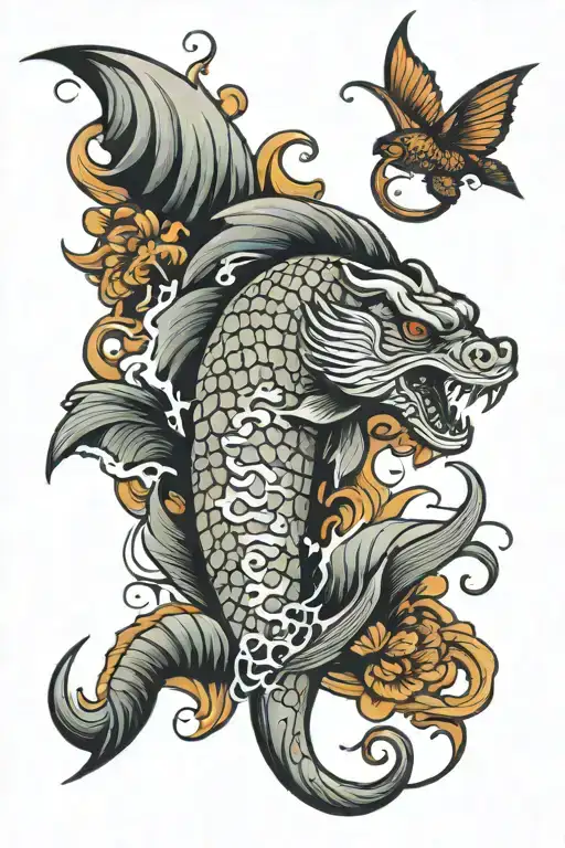 Forearm Tattoo With Vertical Waves With Koi Fish And Dragon