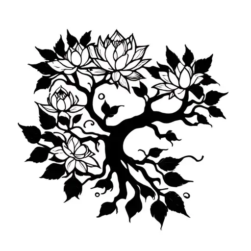Full Sleeve Tree Silhouette With Roots Turning Into Energy And Leaves Blooming Into Lotus's