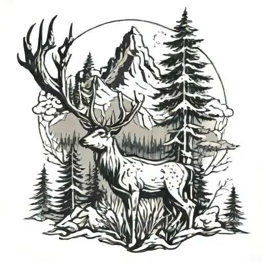 Mountians With Trees With A Deer