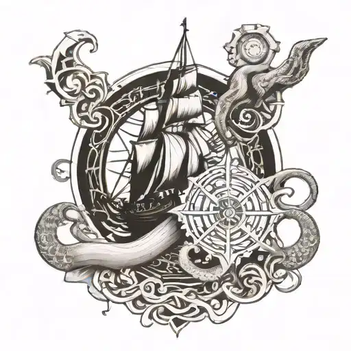 The Kraken Wrapped Around A Nordic Compass Design
