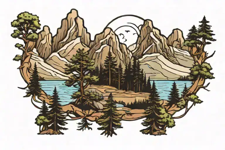 Rocky Mountain With Pine Trees And Lakes