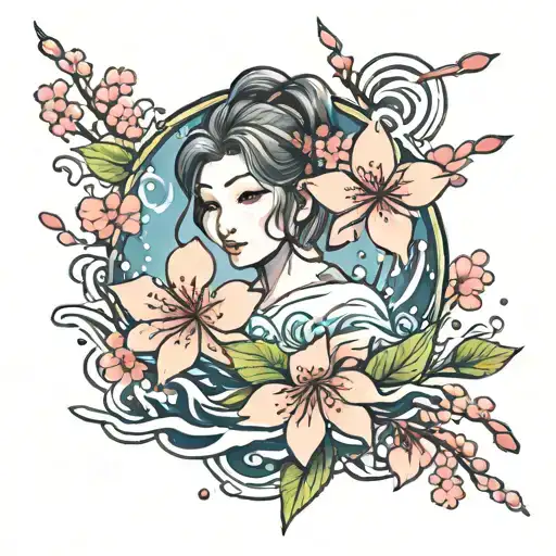 Sakura In The Water In Anime Style