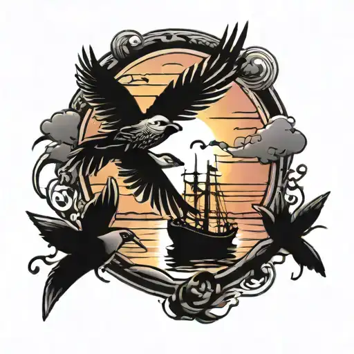 Birds And Sunset Over Water With Small Fishing Boat